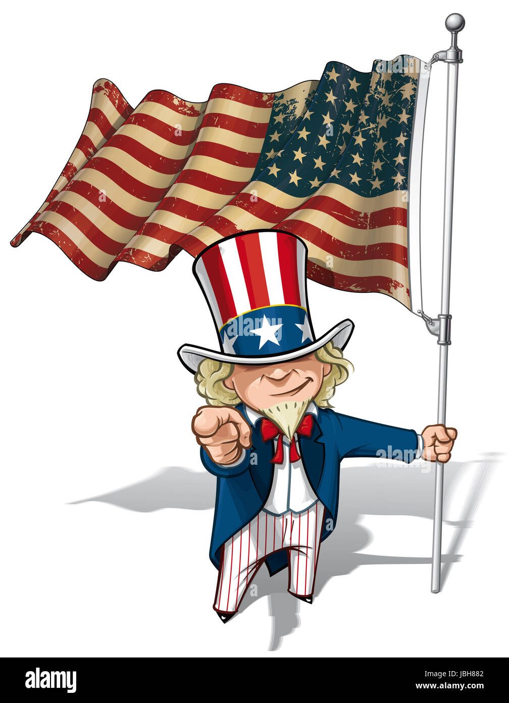 Vector Cartoon Illustration von Uncle Sam hält eine 48 Sterne amerikanische Fahne zeigen, "Ich will dich". Dies war die Flagge der Vereinigten Staaten im zweiten Weltkrieg und dem Koreakrieg. Flagge von Textur und Farbe Sepia können entfernt werden, durch die jeweiligen Layer deaktivieren. Stockfoto