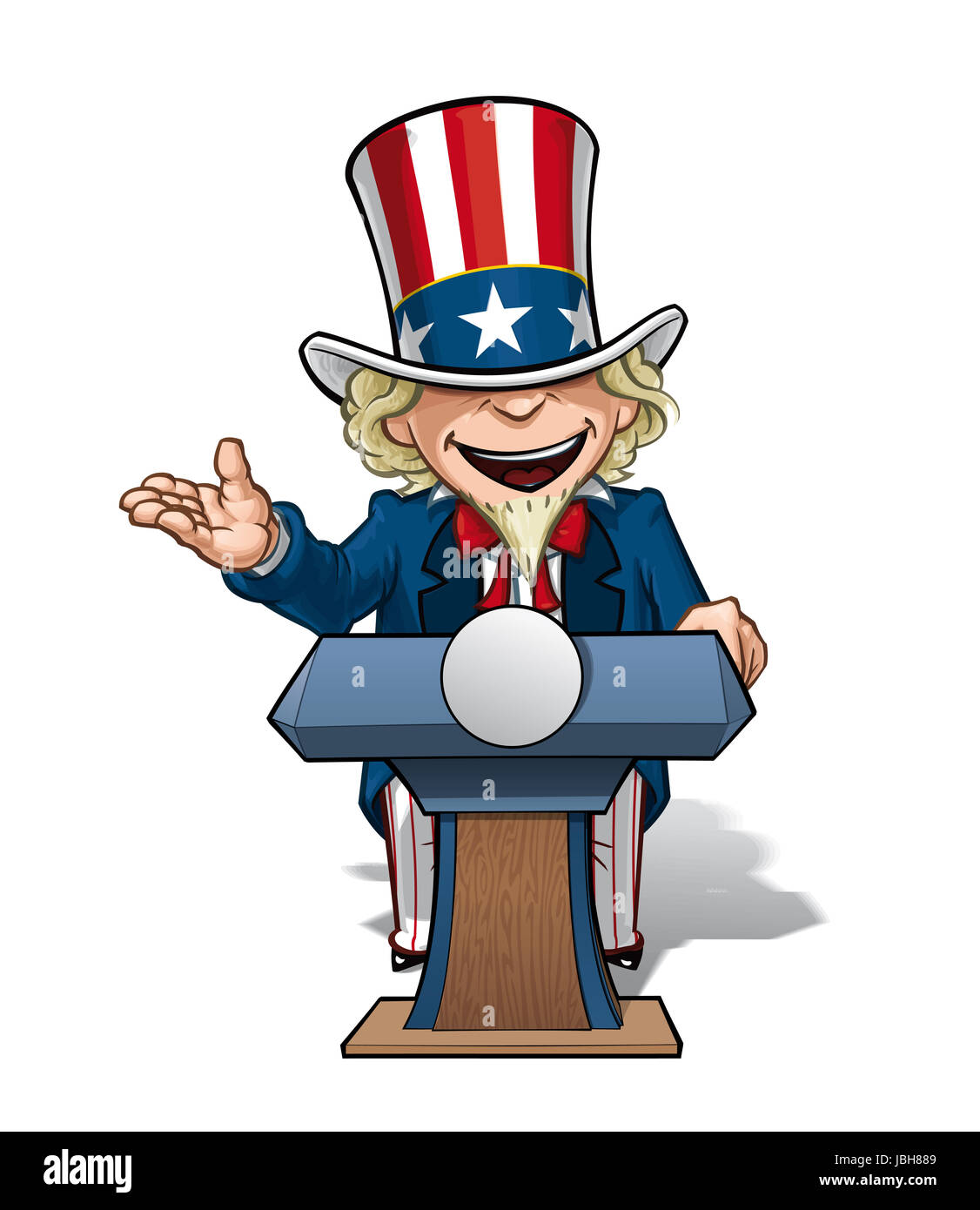 Vector Cartoon Illustration von Uncle Sam auf dem Podium, eine Rede mit einem offenen Ausdruck. Stockfoto