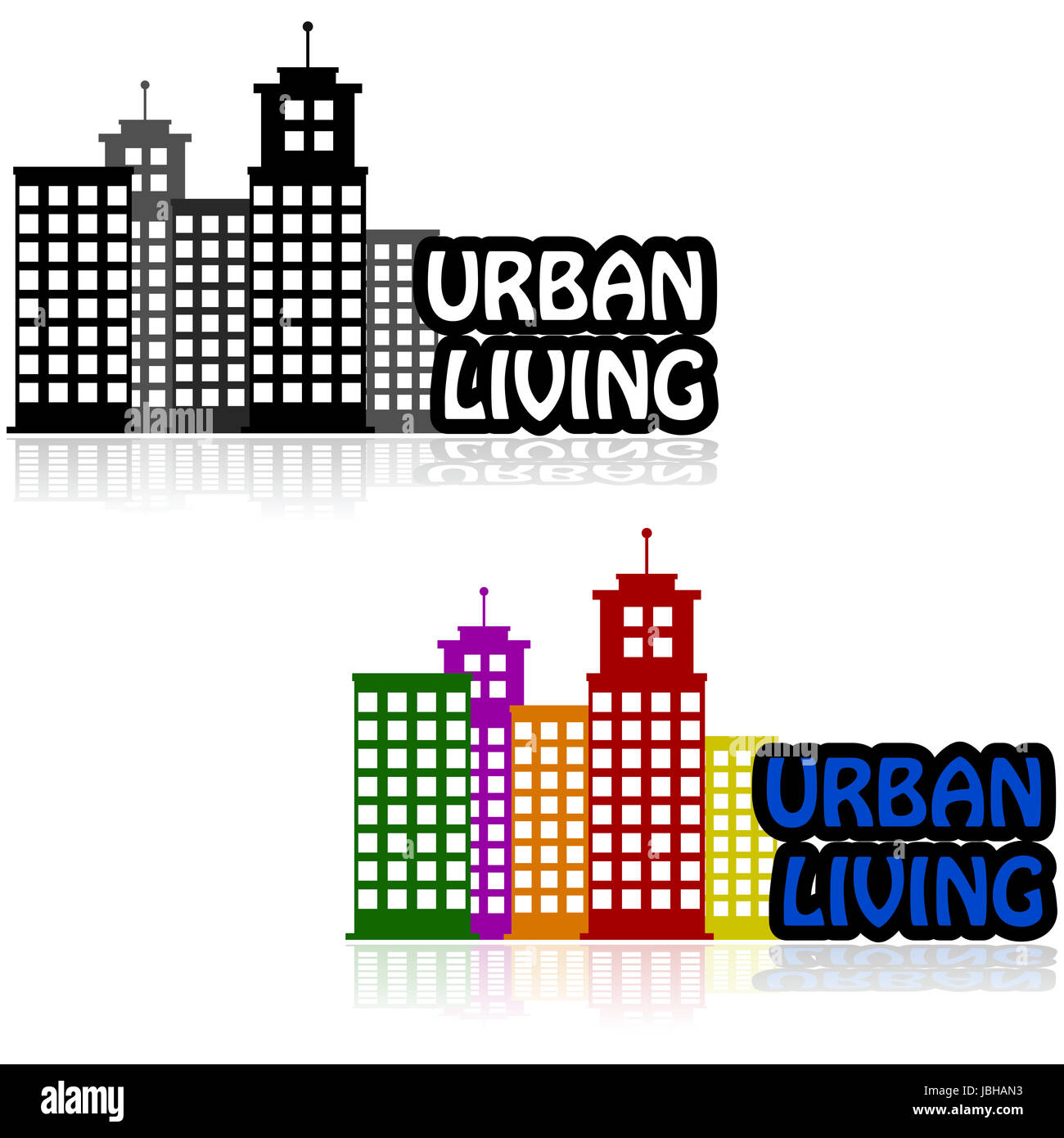 Symbol zeigt Gebäude repräsentieren eine Innenstadt neben der Worte "Urban Living" Stockfoto