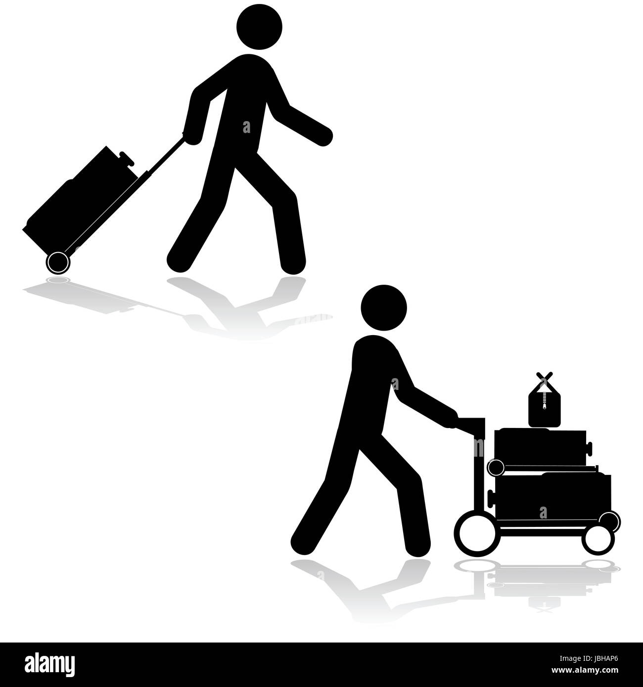 Symbolsatz zeigt einen Mann zieht ein Gepäckstück oder tragen mehrere Elemente mit einem Wagen Stockfoto Symbolsatz zeigt einen Mann zieht ein Gepäckstück oder tragen mehrere Elemente mit einem Wagen Stockfoto