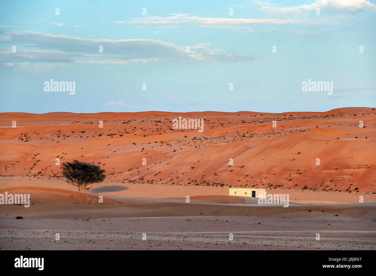 Wahiba Wüste im Oman mit Gebäude, Baum und Wolken am blauen Himmel Stockfoto