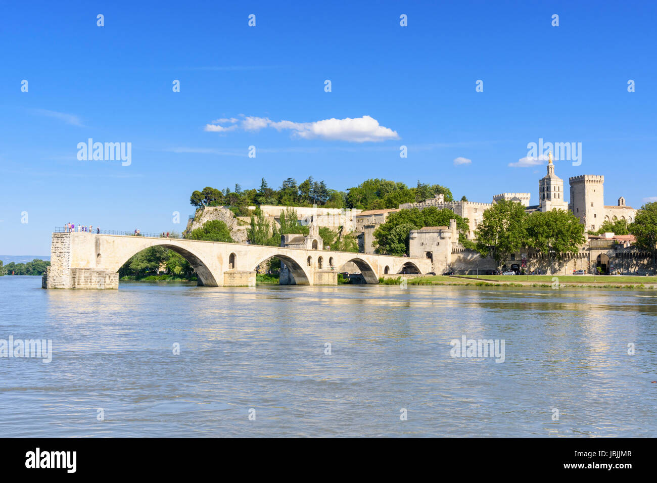 Blick auf die mittelalterliche Stadt und die vier übrigen Bögen der Brücke von Avignon, Pont Saint-Bénézet vom Fluss Rhone, Avignon, Frankreich Stockfoto