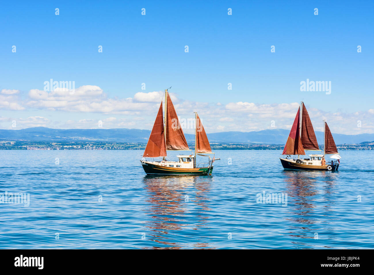 Lac Leman traditionelle Segelboote auf dem Genfersee, Frankreich Stockfoto