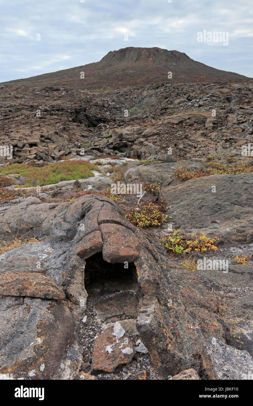 Bartolome Insel Landschaft in den Galapagos zeigt Lava Tube und Kegel Vulkan Stockfoto