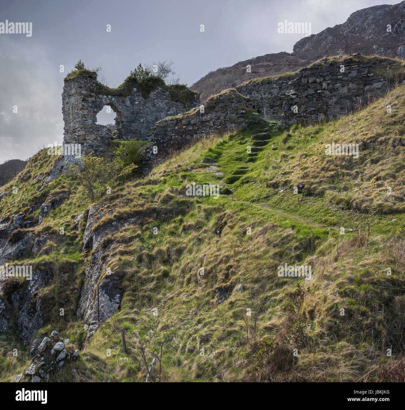 Die alten Ruinen der Burg Strome, an den Ufern des Loch Carron in Schottland, mit dramatischen Streiflicht von der untergehenden Sonne im Frühjahr Stockfoto