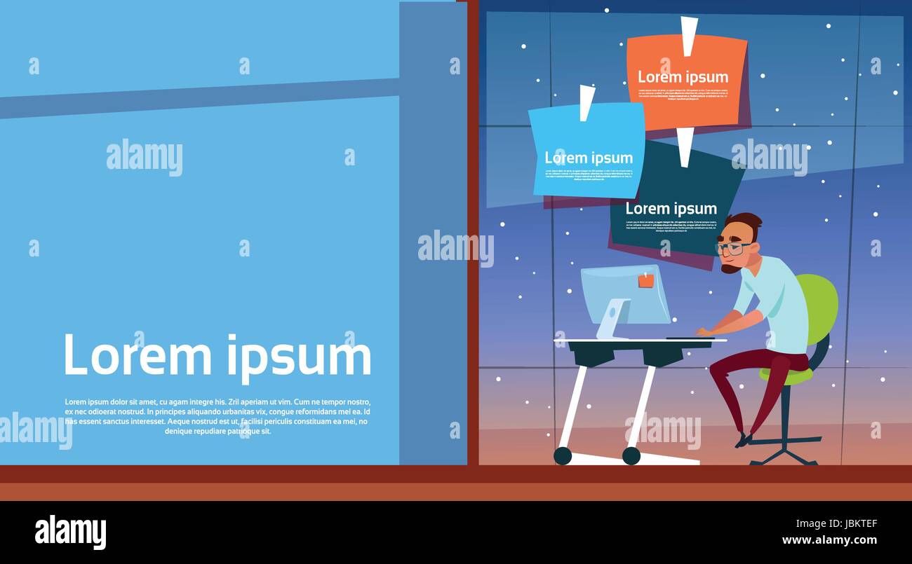 Geschäftsmann, sitzen Schreibtisch Büro Computer Desktop Textfreiraum Stock Vektor