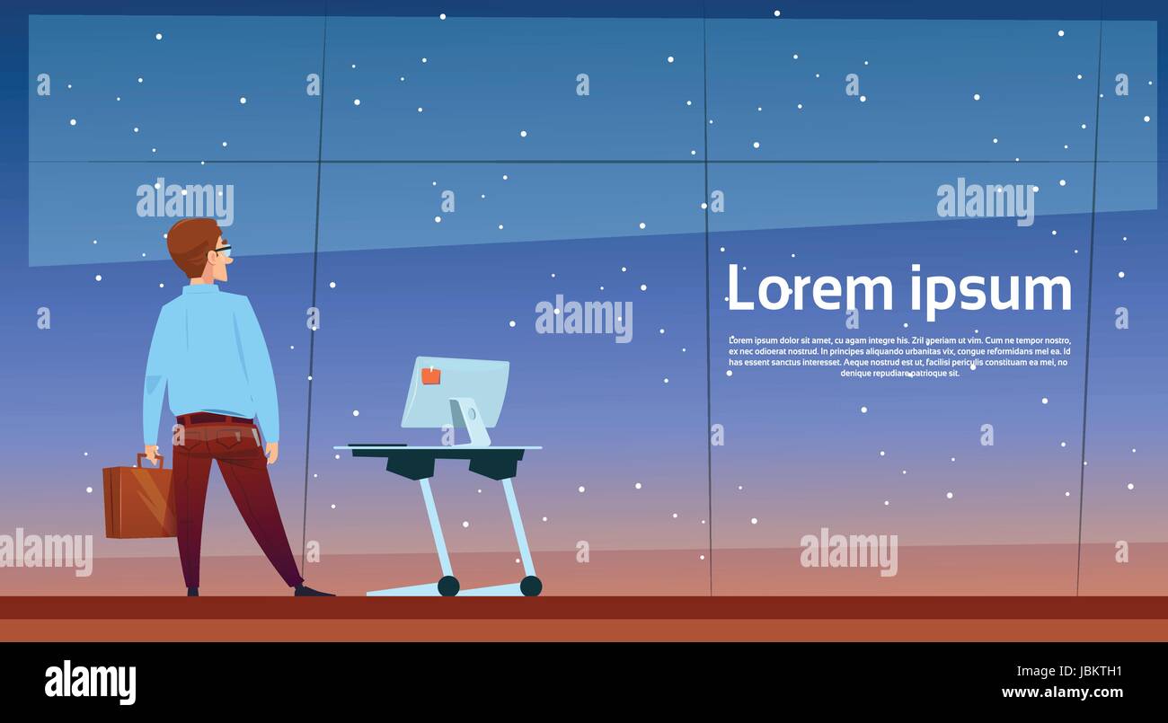 Business-Mann in der Nähe von Schreibtisch Büro Computer Desktop stehen Rücken hinten Ansicht Textfreiraum Stock Vektor
