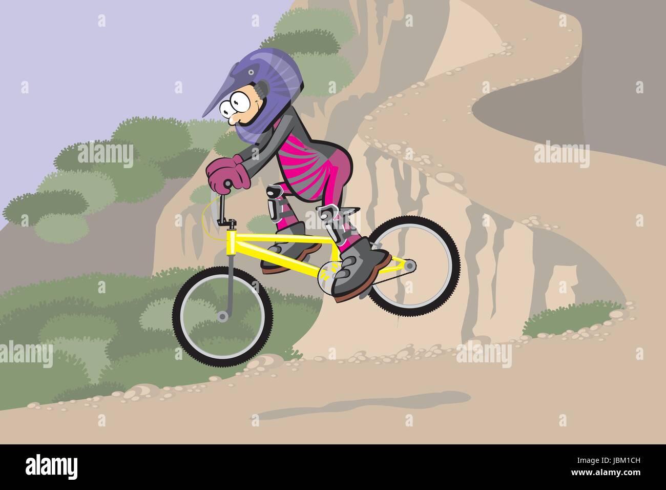 frau klemmt kind mit rucksack auf fahrrad ein cartoon
