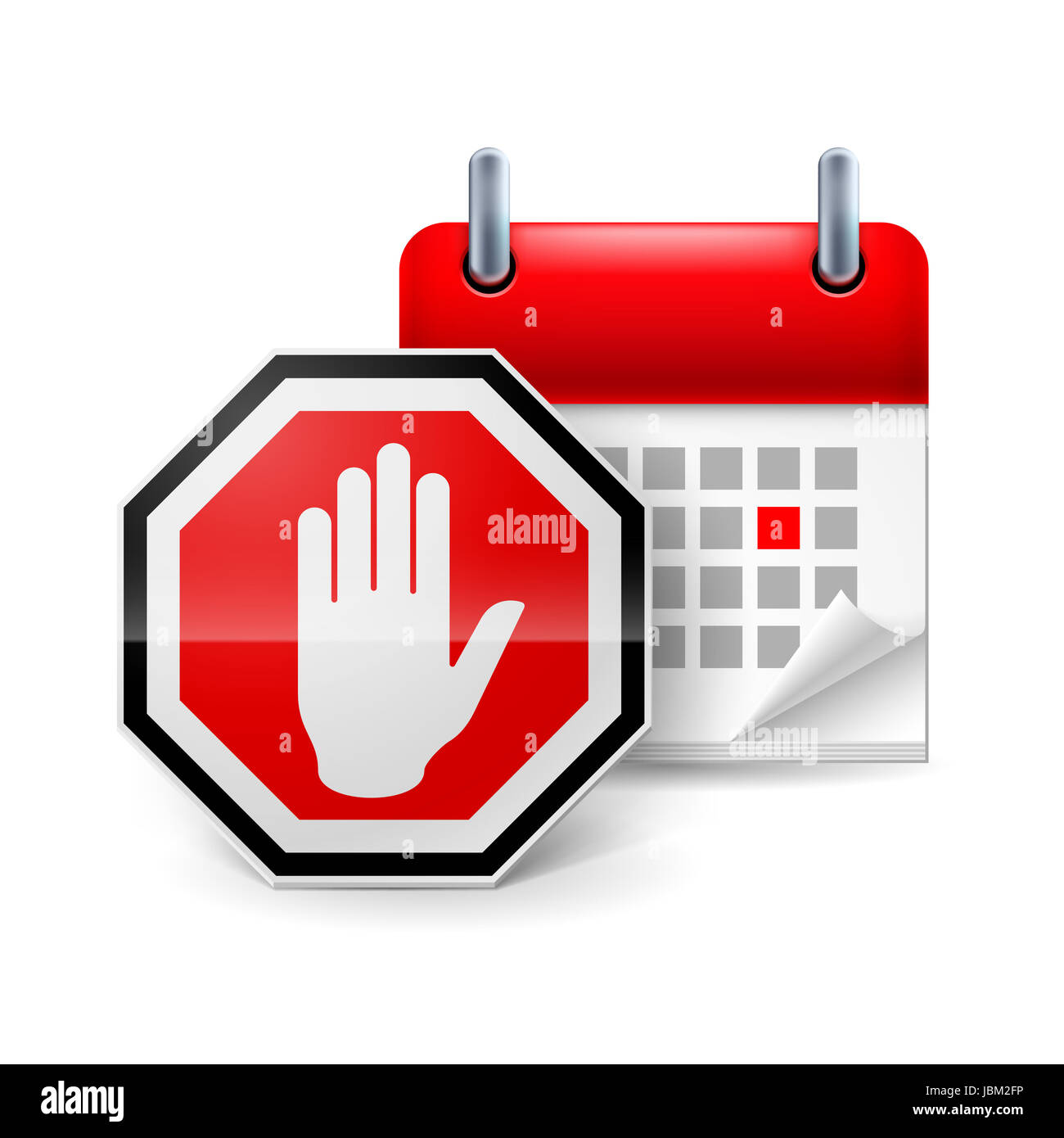 Stop-Schild mit Hand und Kalender mit markierten Tag. Tag des Protests Stockfoto
