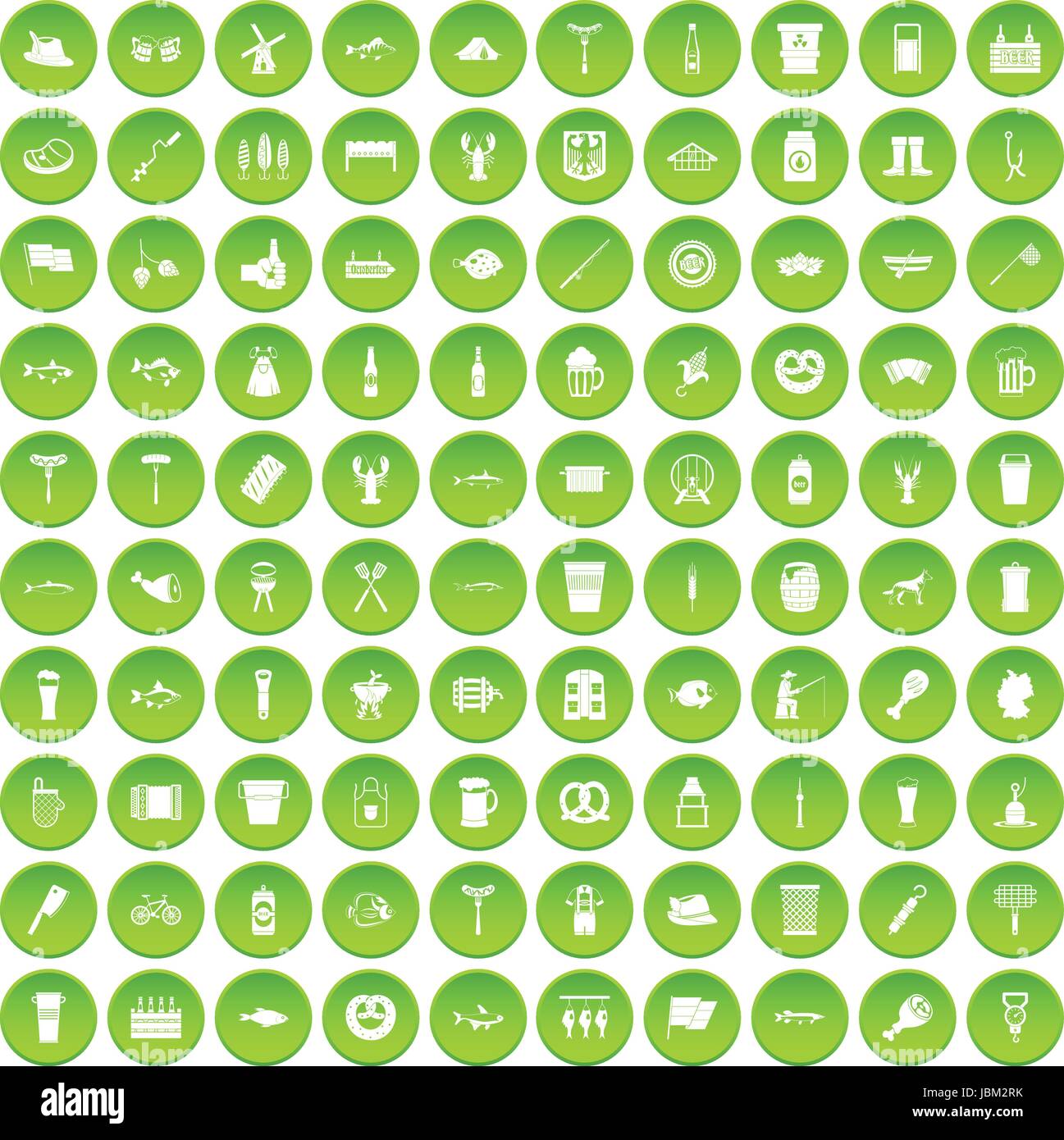 100 Bier Icons set grünen Kreis Stock Vektor