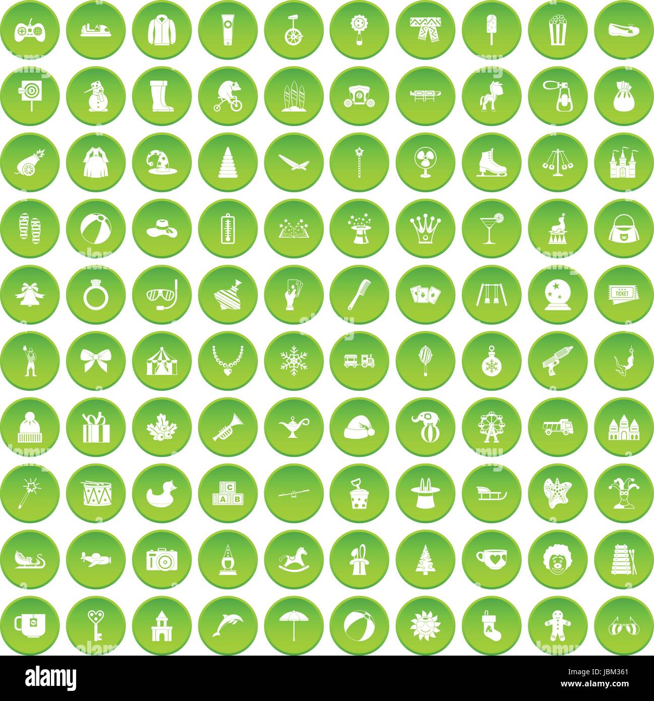 100 Kinder Symbole festlegen grünen Kreis Stock Vektor