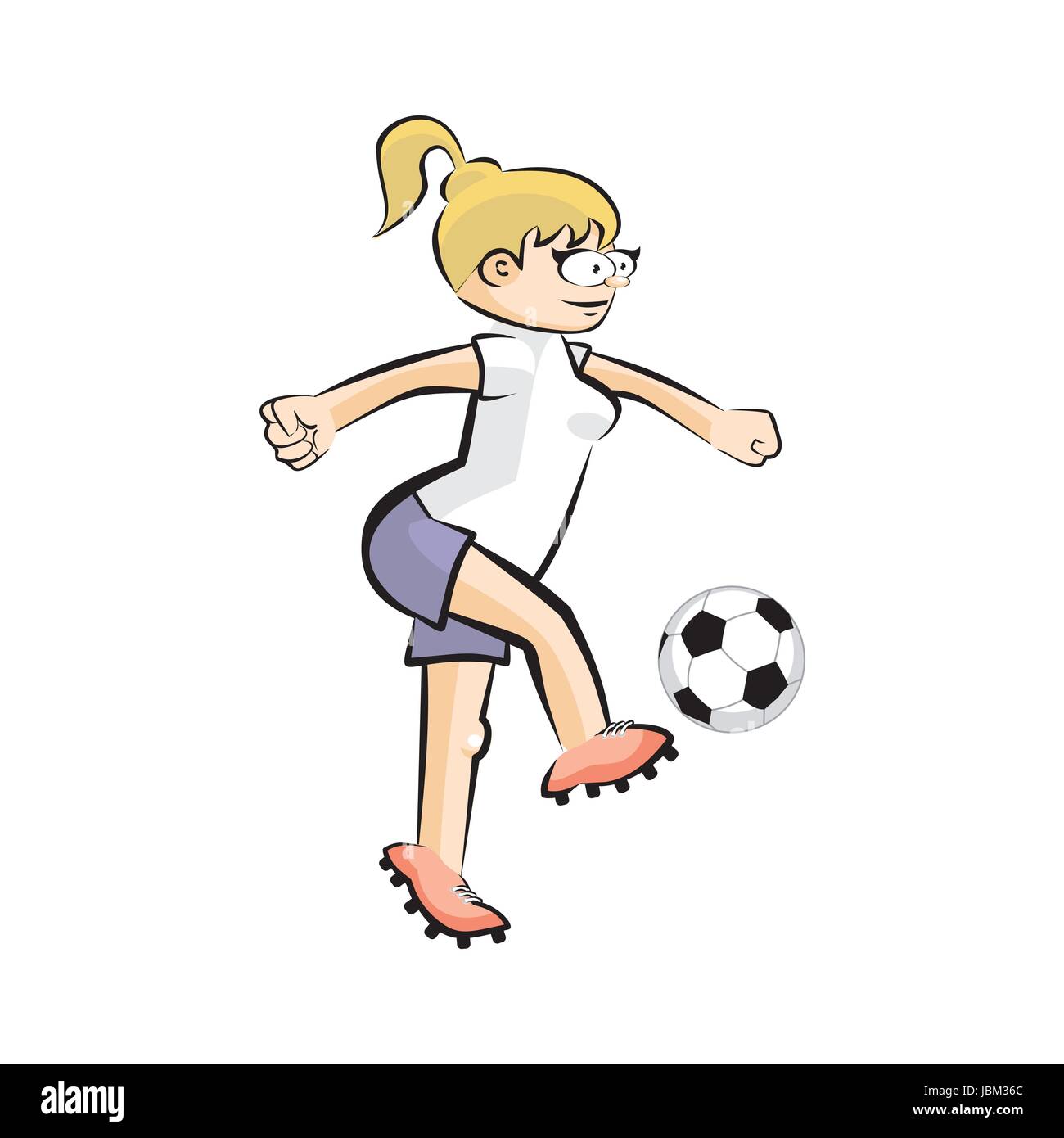 Weibliche Fußball-Spieler mit Ball - Cartoon. Konzeptionelle Vektor-Illustration isoliert auf weiss Stock Vektor