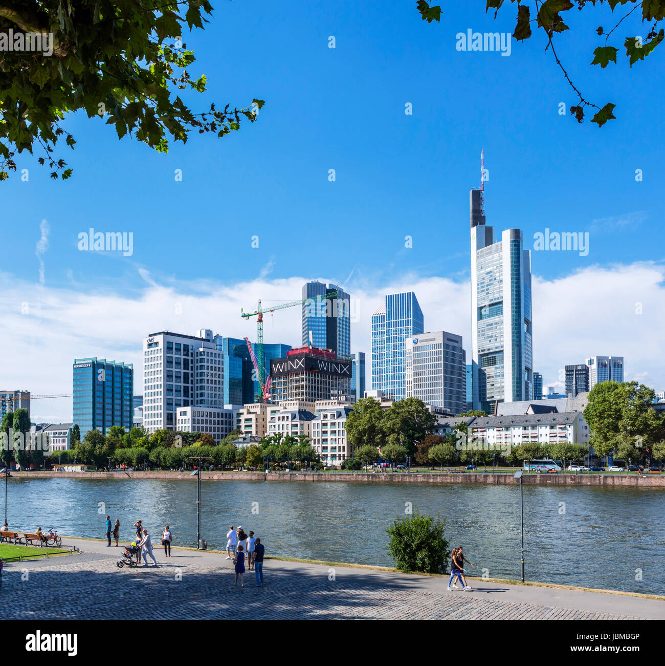 Frankfurter Skyline. Blick Richtung financial District von den Ufern des Mains, Frankfurt Am Main, Hessen, Deutschland Stockfoto