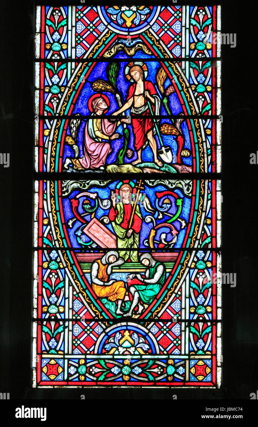 Fenster "Auferstehung" Glasmalerei von Adolph Didron von Paris, 1860, Auferstehung Christi (siehe unten), Mary Magdalene Fehler des auferstandenen Christus Stockfoto