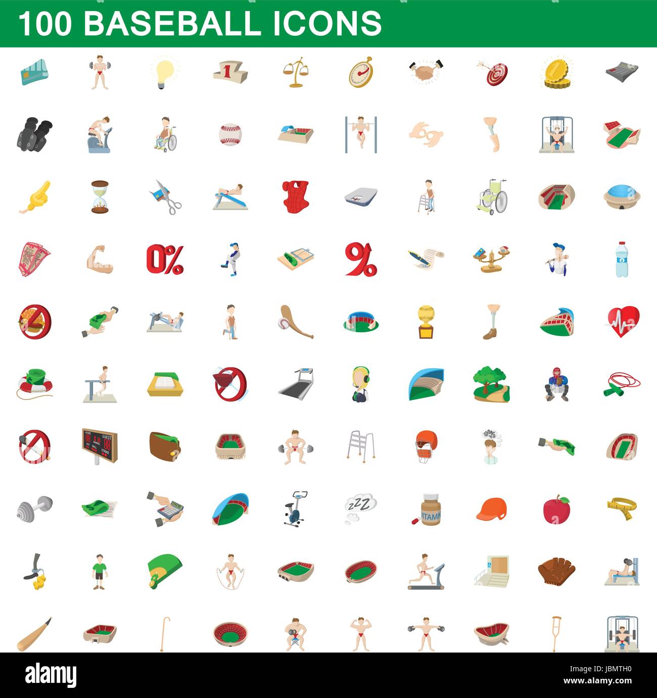 100 Baseball Icons set, cartoon-Stil Stock Vektor