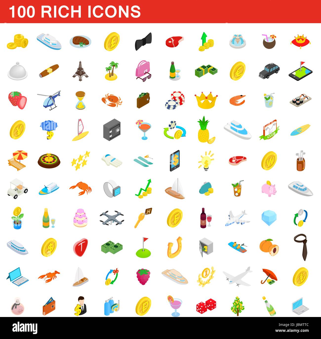 100 reichen Icons Set, isometrischen 3d Stil Stock Vektor