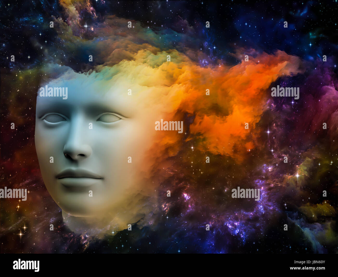 Bunte Mind-Serie. Anordnung des menschlichen Kopfes und Fraktale Farben zum Thema träumen, denken, Bewusstsein, Geist und Phantasie Stockfoto