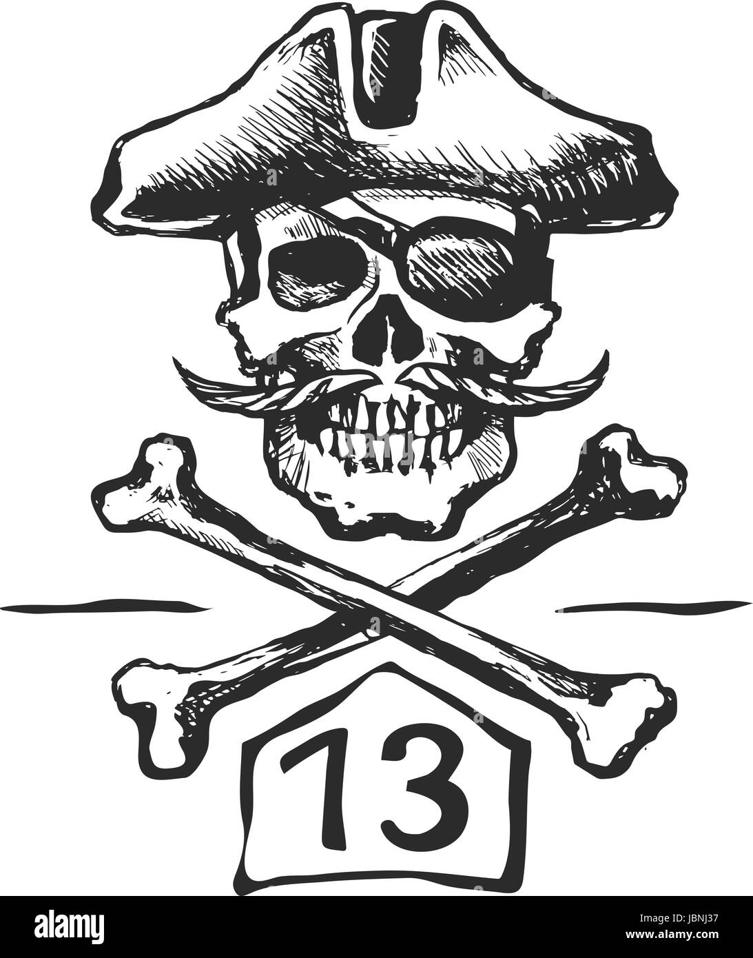 Piraten-Totenkopf mit einem Schnurrbart-Skizze Stock Vektor