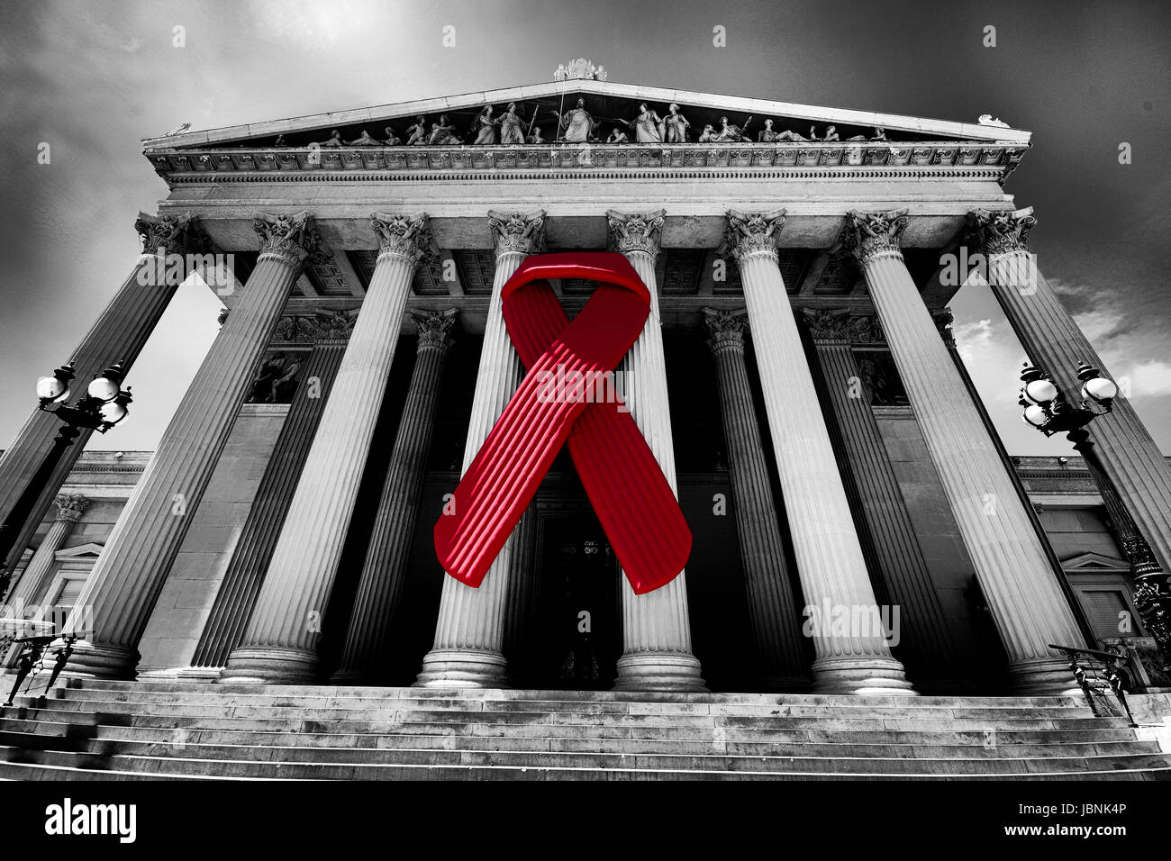 Schwarz / weiß Foto von Aids-Schleife hängen, Nationalrat Stockfoto