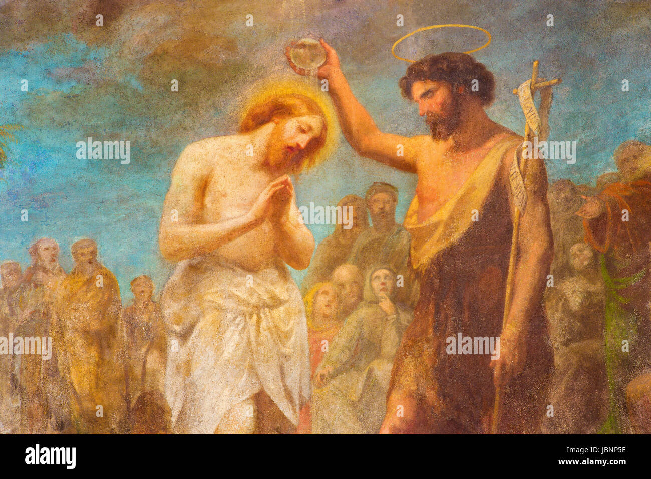TURIN, Italien - 15. März 2017: Das Fresko der Taufe Christi in der Kirche Chiesa di San Dalmazzo von Francesco Gonin (1808-1889) Stockfoto