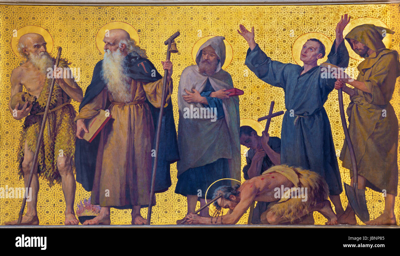 TURIN, Italien - 15. März 2017: Der symbolische Fresko des heiligen Mönche und Eremits in der Kirche Chiesa di San Dalmazzo von Enrico Reffo (1831 – 1917). Stockfoto