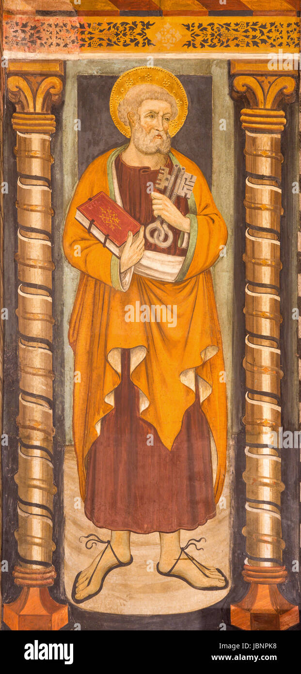 TURIN, Italien - 14. März 2017: Das Fresko des Heiligen Petrus der Apostel in der Kirche Chiesa di San Domenico und Capella Delle Grazie unbekannten Künstlers von 16. Stockfoto