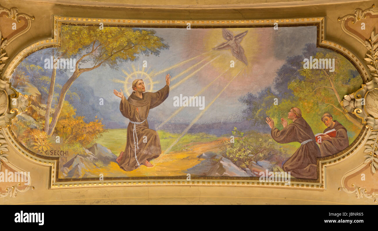 TURIN, Italien - 13. März 2017: Das Fresko des Stigimatization des Heiligen Franz von Asissi in Decke der Kirche Chiesa di Santo Tomaso von C. Secchi (1963). Stockfoto