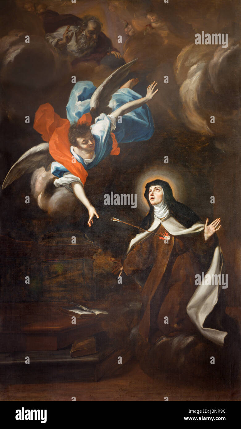 TURIN, Italien - 13. März 2017: Das Gemälde des Trasverberazione (mystische Erfahrung) di Santa Teresa Avila (1640) in der Kirche Chiesa di Santa Teresa Stockfoto