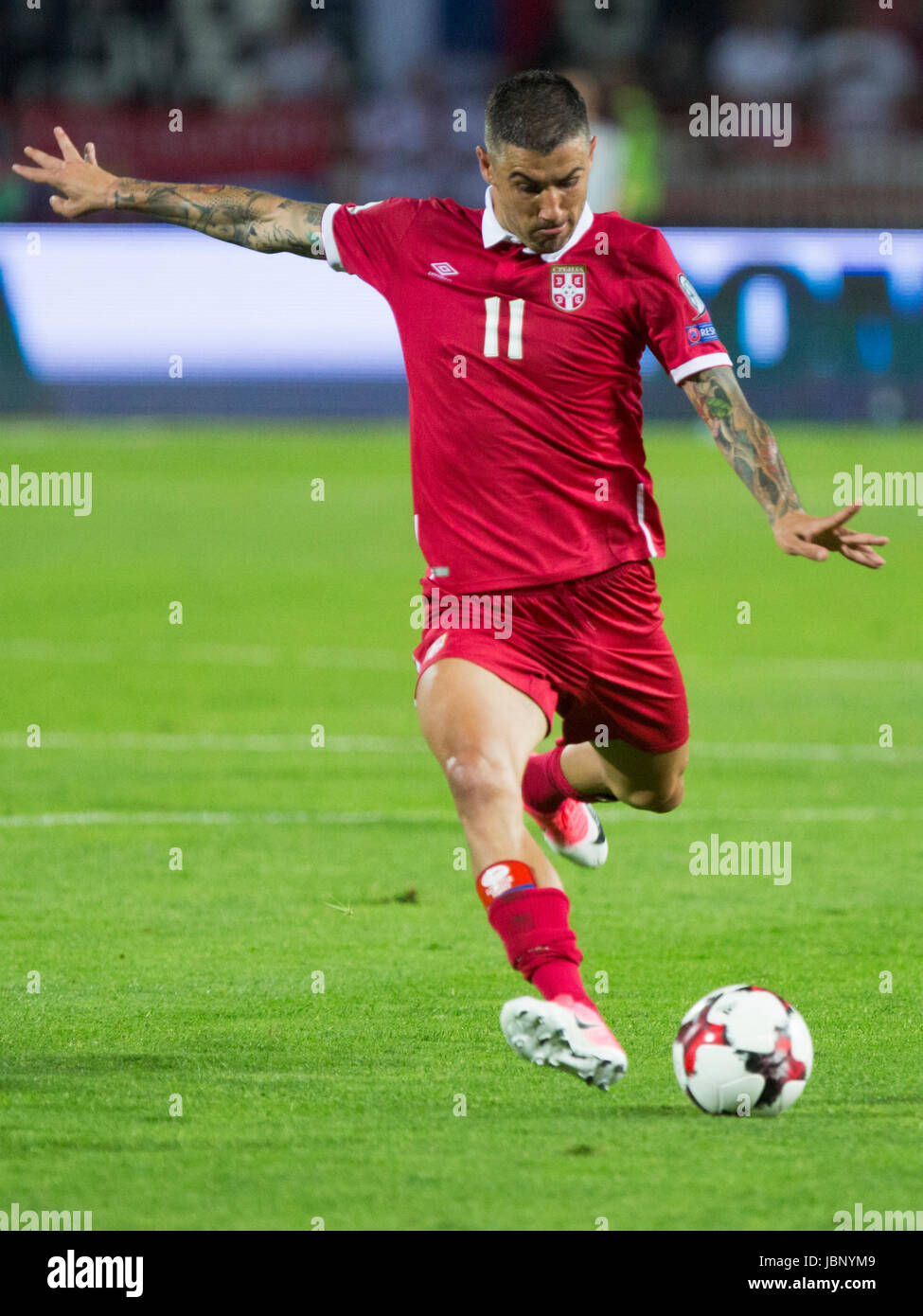 Belgrad, Serbien - 11. Juni 2017: Aleksandar Kolarov von Serbien während der 2018 FIFA World Cup Qualifier Partie zwischen Serbien und Wales zu Mitic Rajko Stockfoto