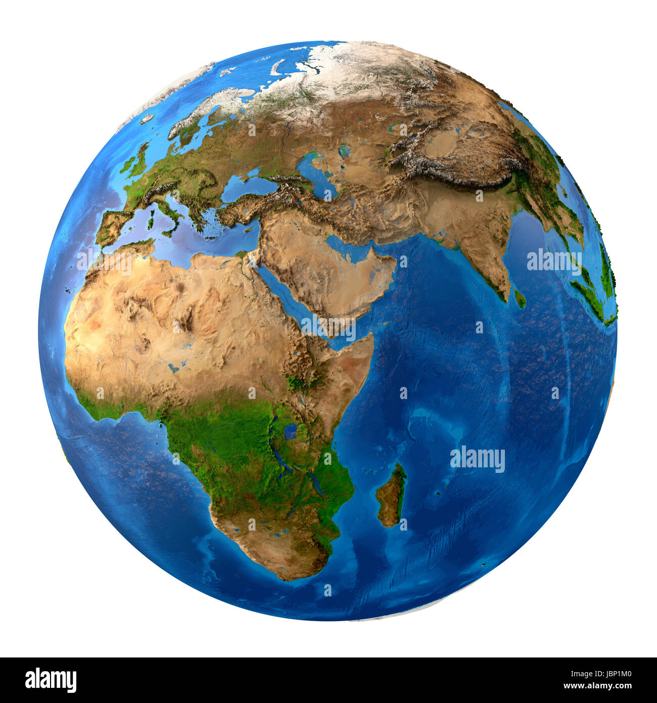 Planetenerde. Hoch detaillierte Satelliten-Ansicht der Erde und seiner Landschaftsformen, isoliert auf weißem Hintergrund. Elemente dieses Bildes vom NASA - 3D Stockfoto