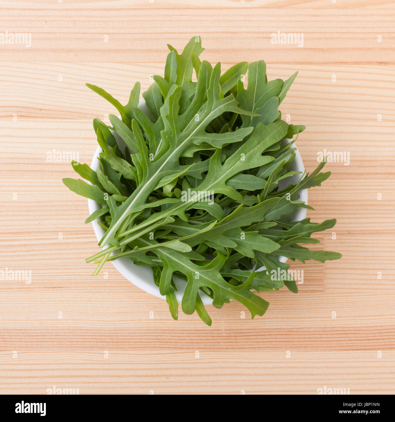 Weiße Porzellanschale mit Rucola Stockfoto