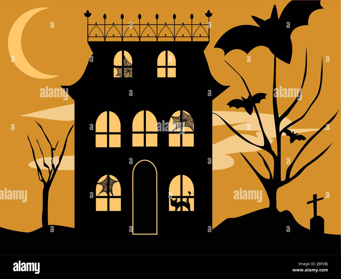 Halloween Haus Halloween Geisterhaus Mit Gruseligen Spinnweben Schwarze Katze Fledermause Und Friedhof In Eine Gruselige Nacht Stock Vektorgrafik Alamy