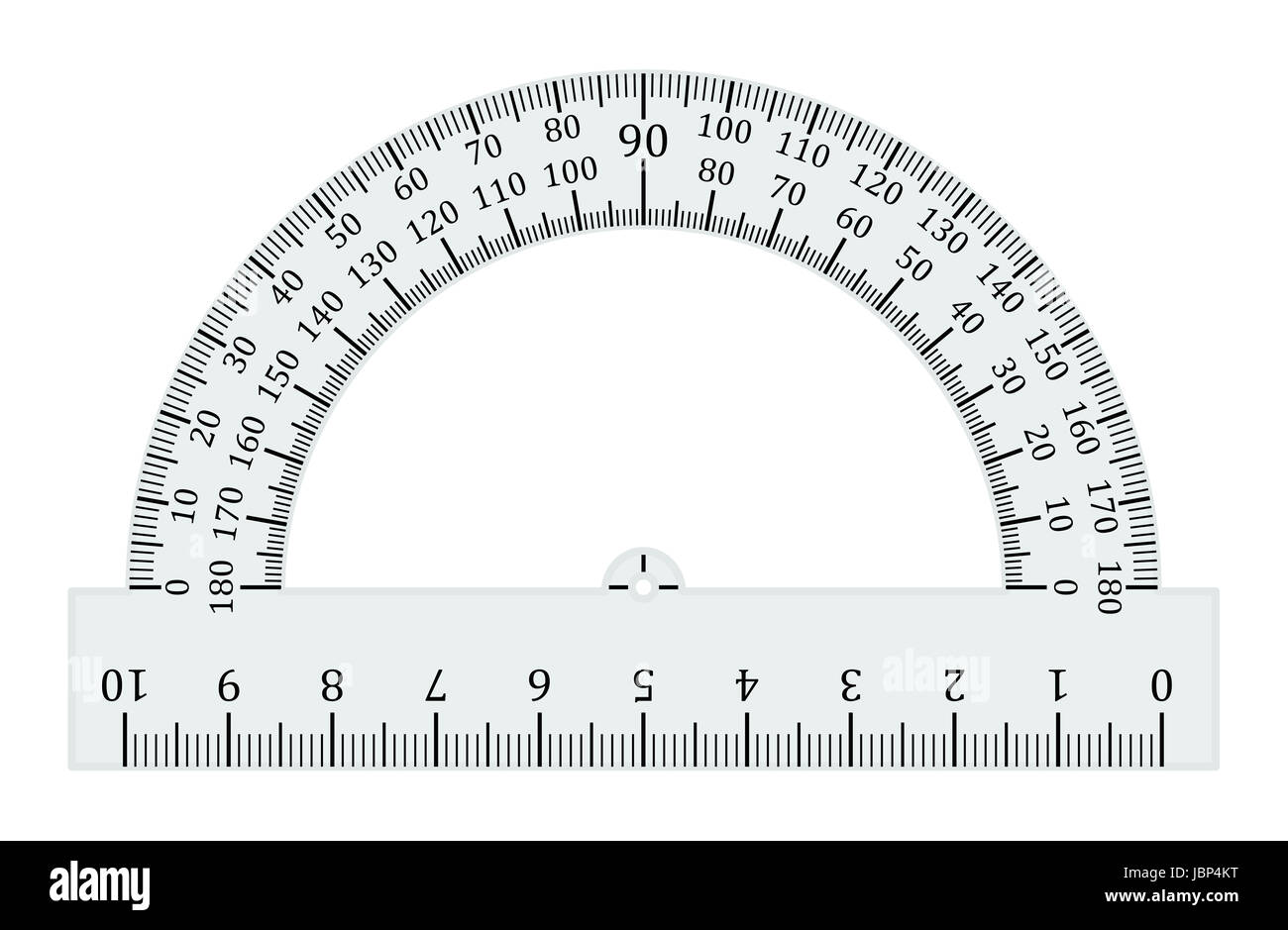 Halbkreis Winkelmesser - Tool für elementare mathematische Bildung, geometrische Zeichnung und Architektur - Abbildung auf weißem Hintergrund. Stockfoto