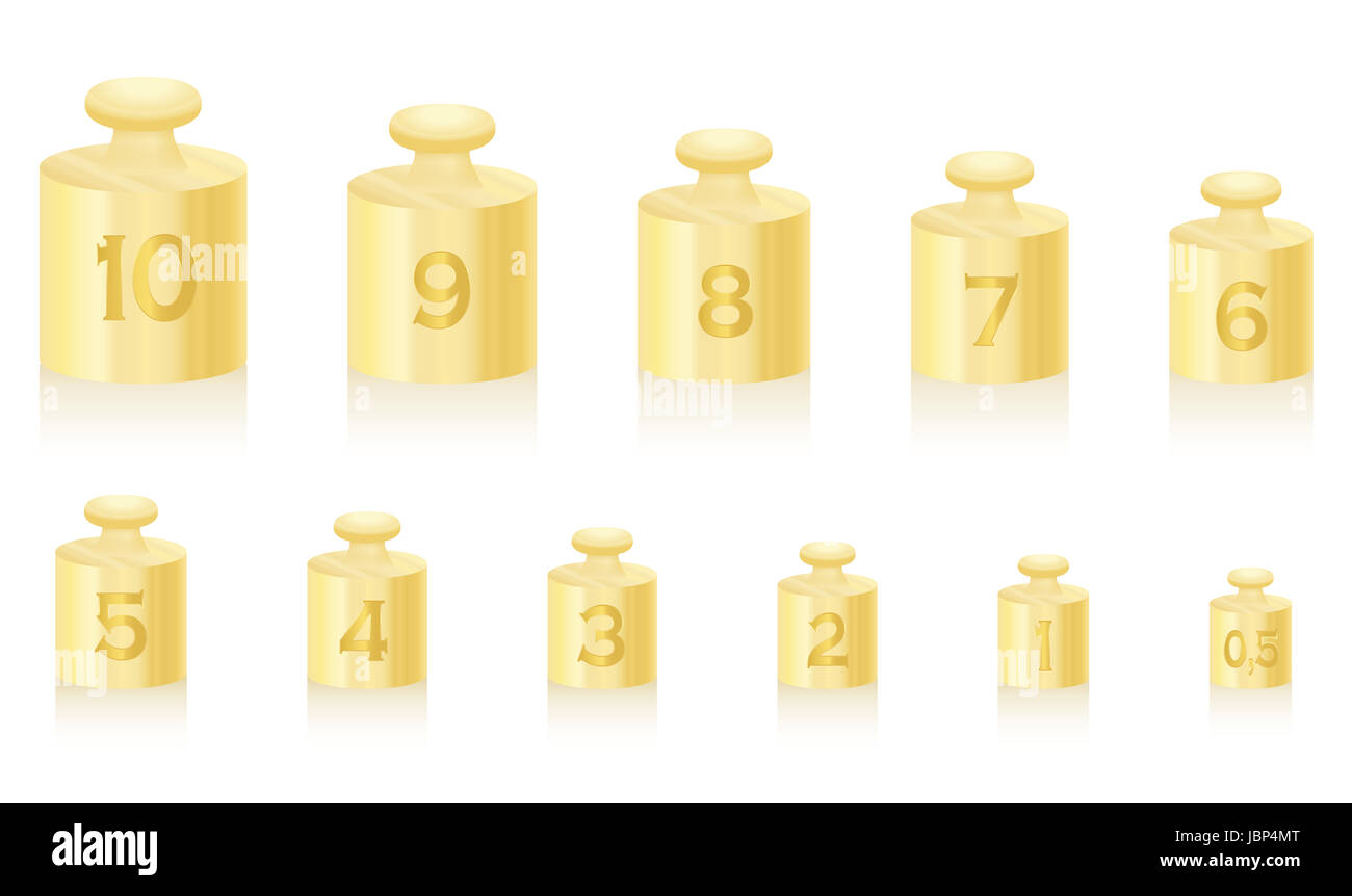 Goldene Gewicht Massen gold Waage - set von eins bis zehn, plus eine halbe Einheit - Abbildung auf weißem Hintergrund. Stockfoto