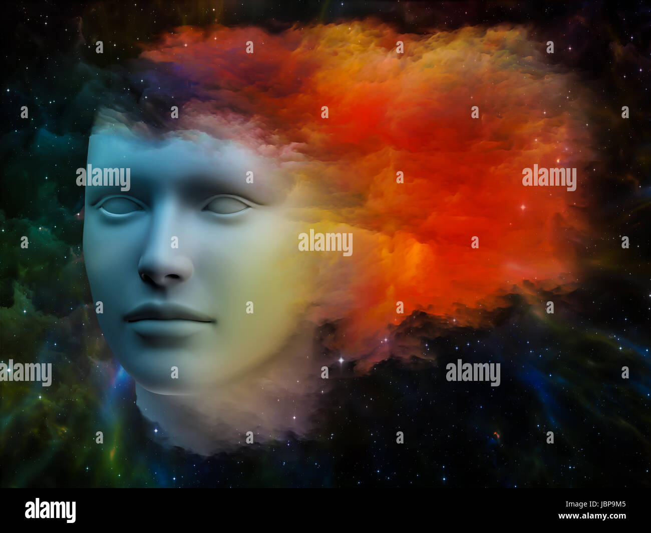 Bunte Mind-Serie. Kreative Anordnung des menschlichen Kopfes und Fraktale Farben als Begriff Metapher Thema träumen, denken, Bewusstsein, Geist und Phantasie Stockfoto