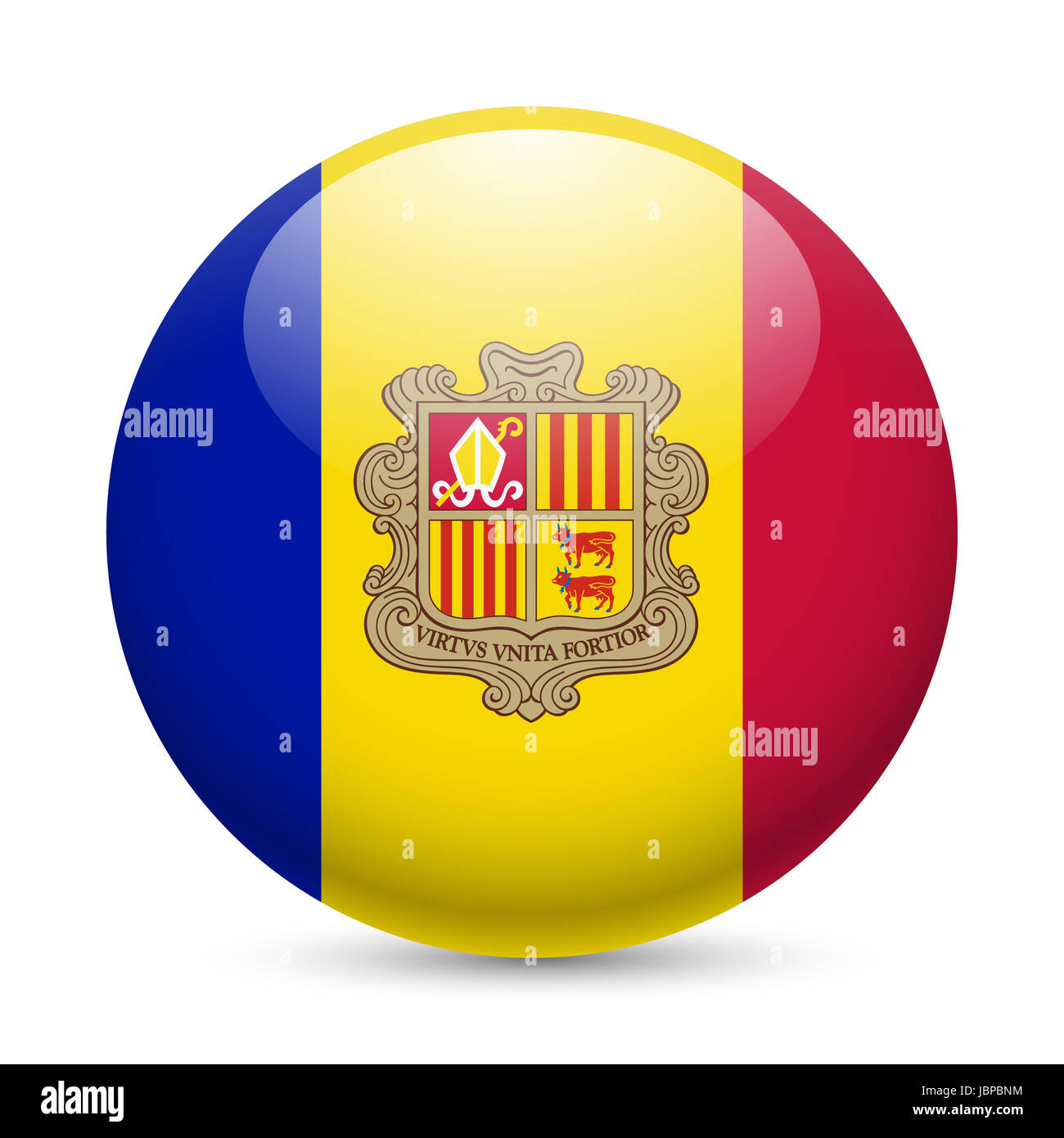 Flagge von Andorra als runde glänzende Symbol. Button mit andorranischen Flagge Stockfoto