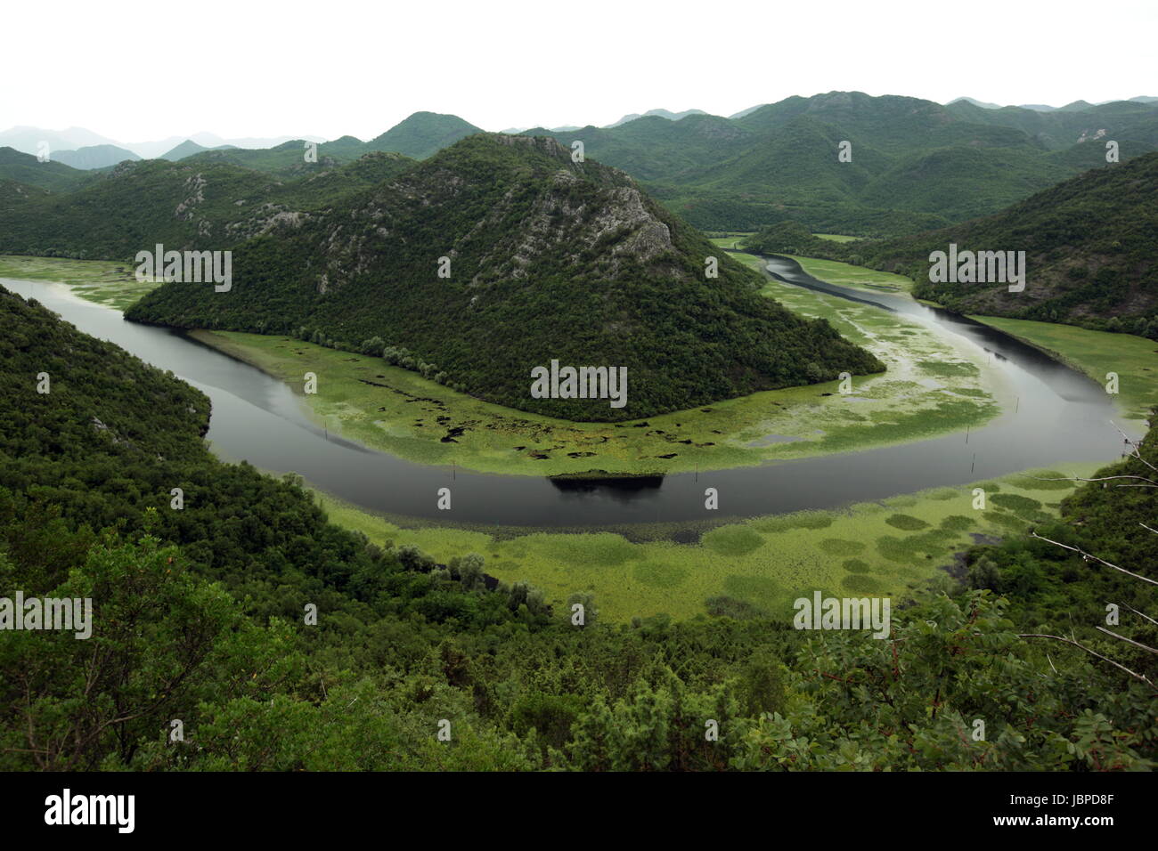 Die Landschaft Bei Rijeka Crnojevica Mit Dem Fluss Rijeka Crnojevica bin Westlichen Ende des Skadarsko Jezero sehen Oder Skadarsee in Zentral Montenegro in Montenegro Im Balkan bin Mittelmeer in Europa. Stockfoto