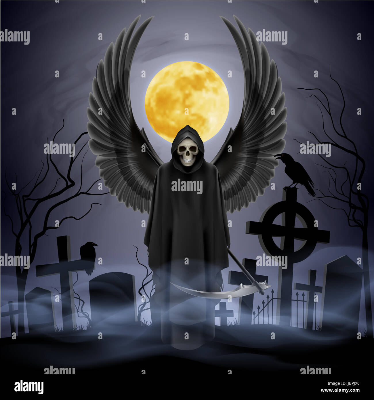 Engel des Todes auf dem Nacht-Friedhof. Stockfoto