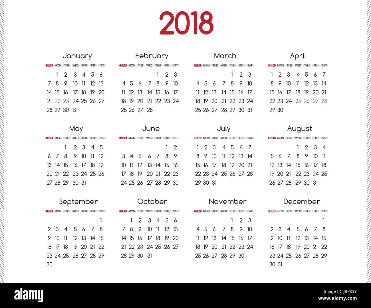 2018 Jahr Vektor-Kalender modernes schlichtes Design mit runden San Serif-Schriftart, Holiday-Event-Planer, Woche beginnt Sonntag. Stock Vektor