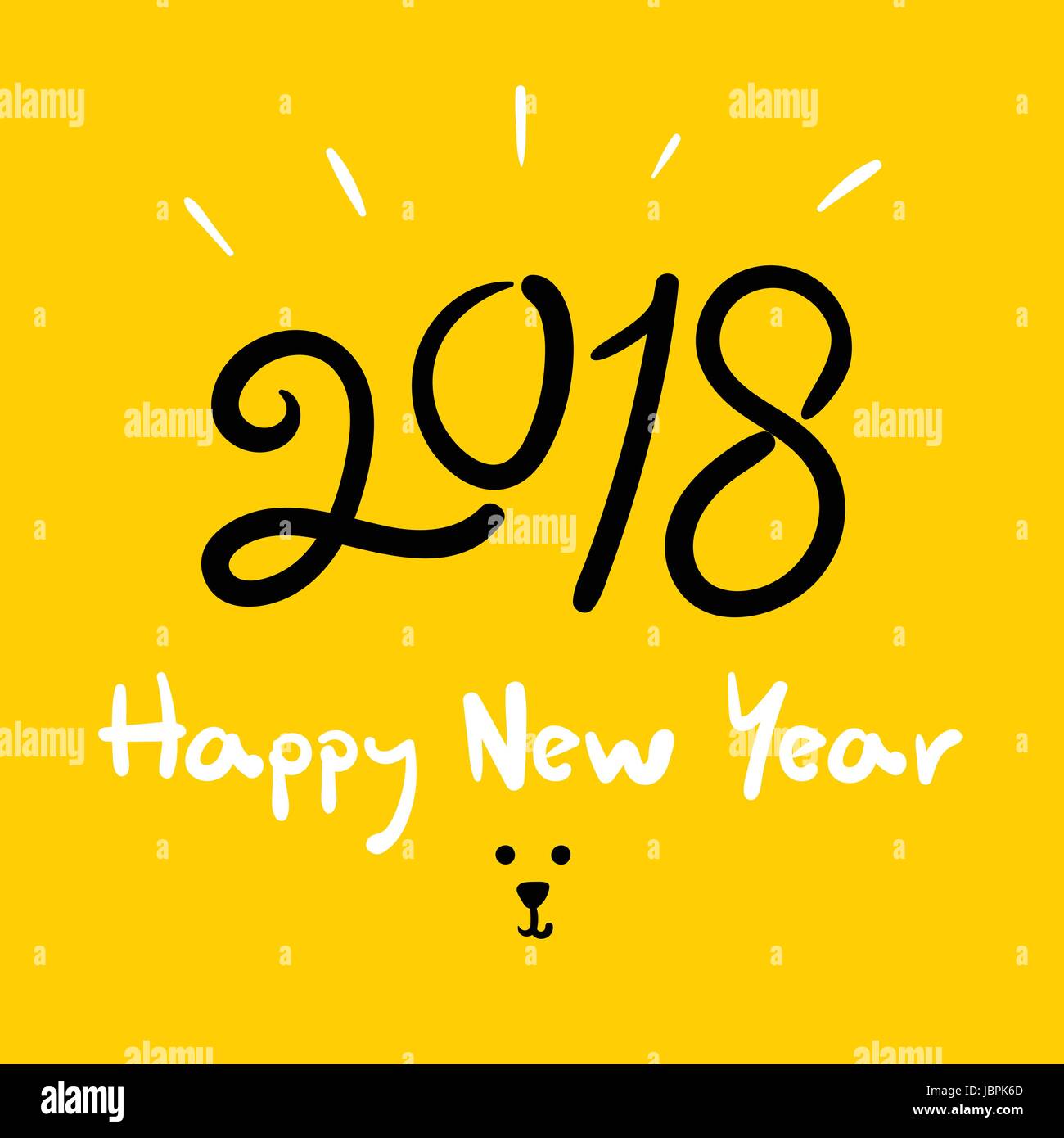 Frohes neues Jahr 2018 (Hund Jahr) Doodle Handschrift Pinsel auf hellen gelben Hintergrund, Urlaub-Grußkarte. Stock Vektor