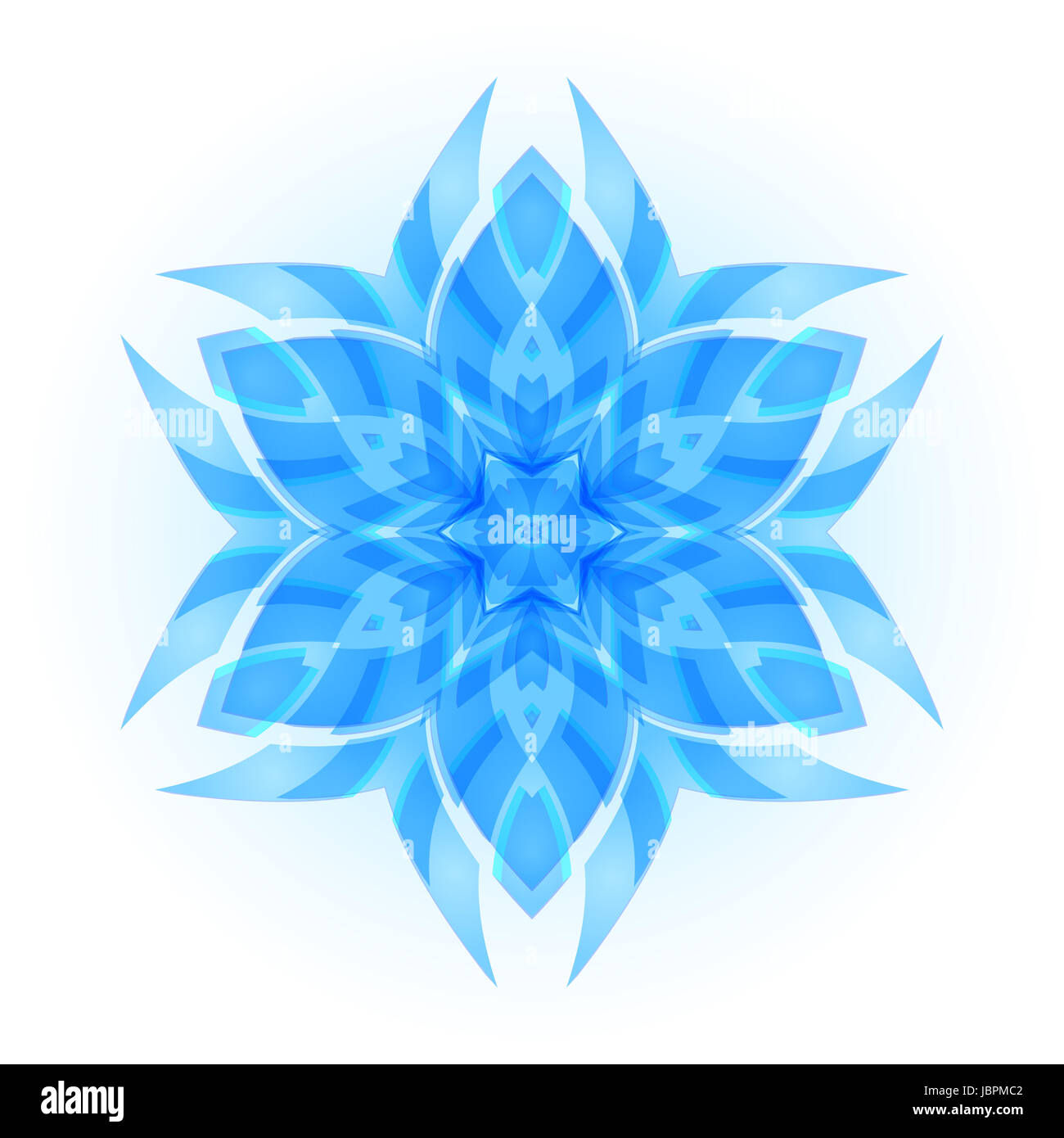 Leichte blaue sechseckige Schneeflocke. Symmetrie. Weißen Hintergrund. Stockfoto