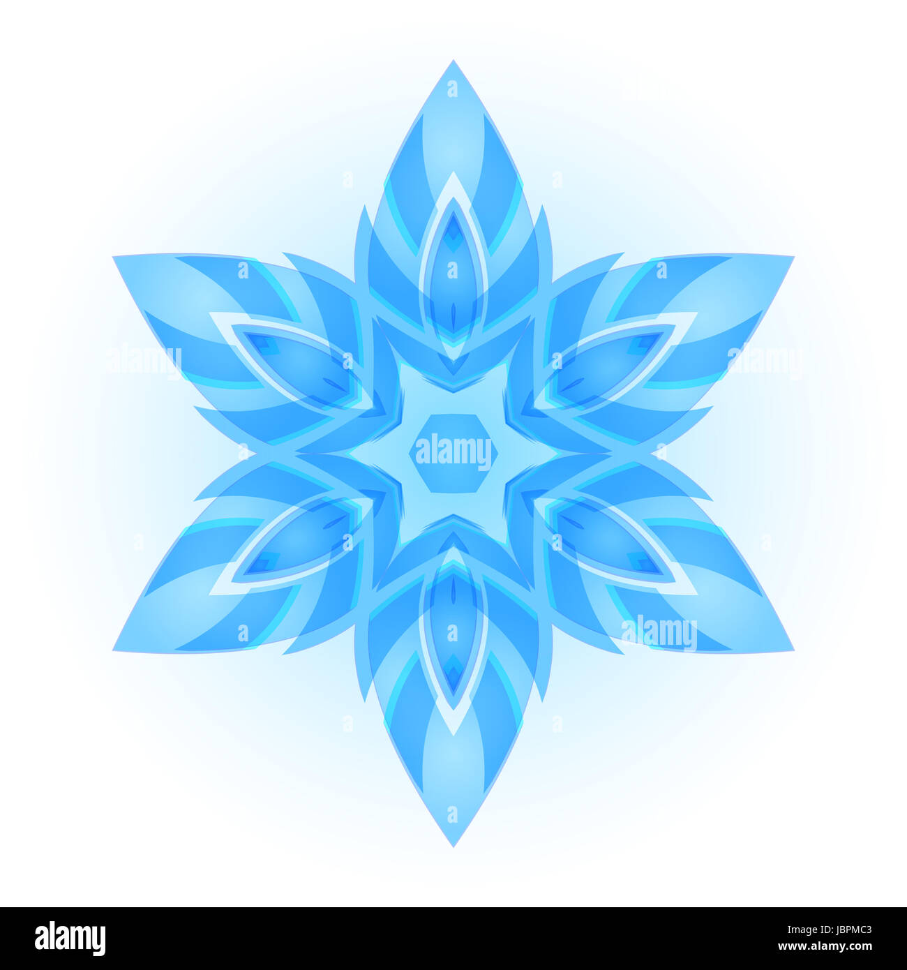 Leichte blaue sechseckige Schneeflocke, Symmetrie. Weißen Hintergrund. Stockfoto