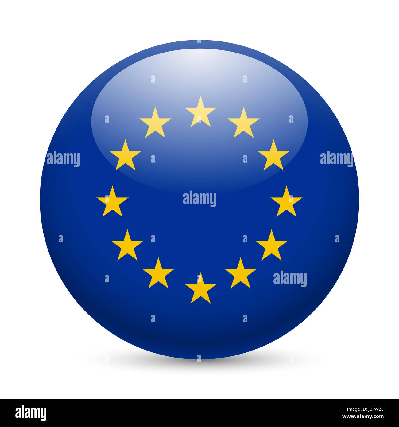 Flagge der Europäischen Union als runde glänzende Symbol. Schaltfläche mit EU-Flagge Stockfoto