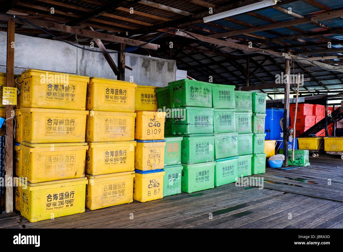 Grüne und gelbe Kisten gestapelt in einer Fischerei auf Pangkor Island (Pulau Pangkor), Malaysia. Stockfoto