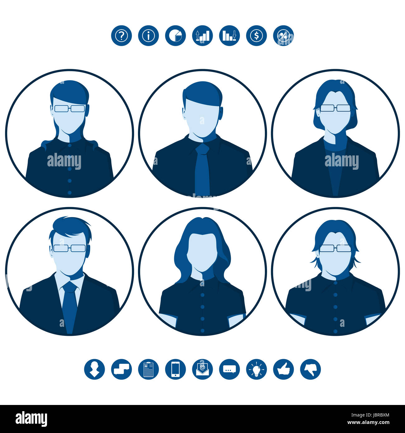 Flachen Silhouetten von Geschäftsleuten für Benutzer-Profil-Bild. Runde Icons mit männlichen und weiblichen Porträts. Satz von Avataren. Stockfoto