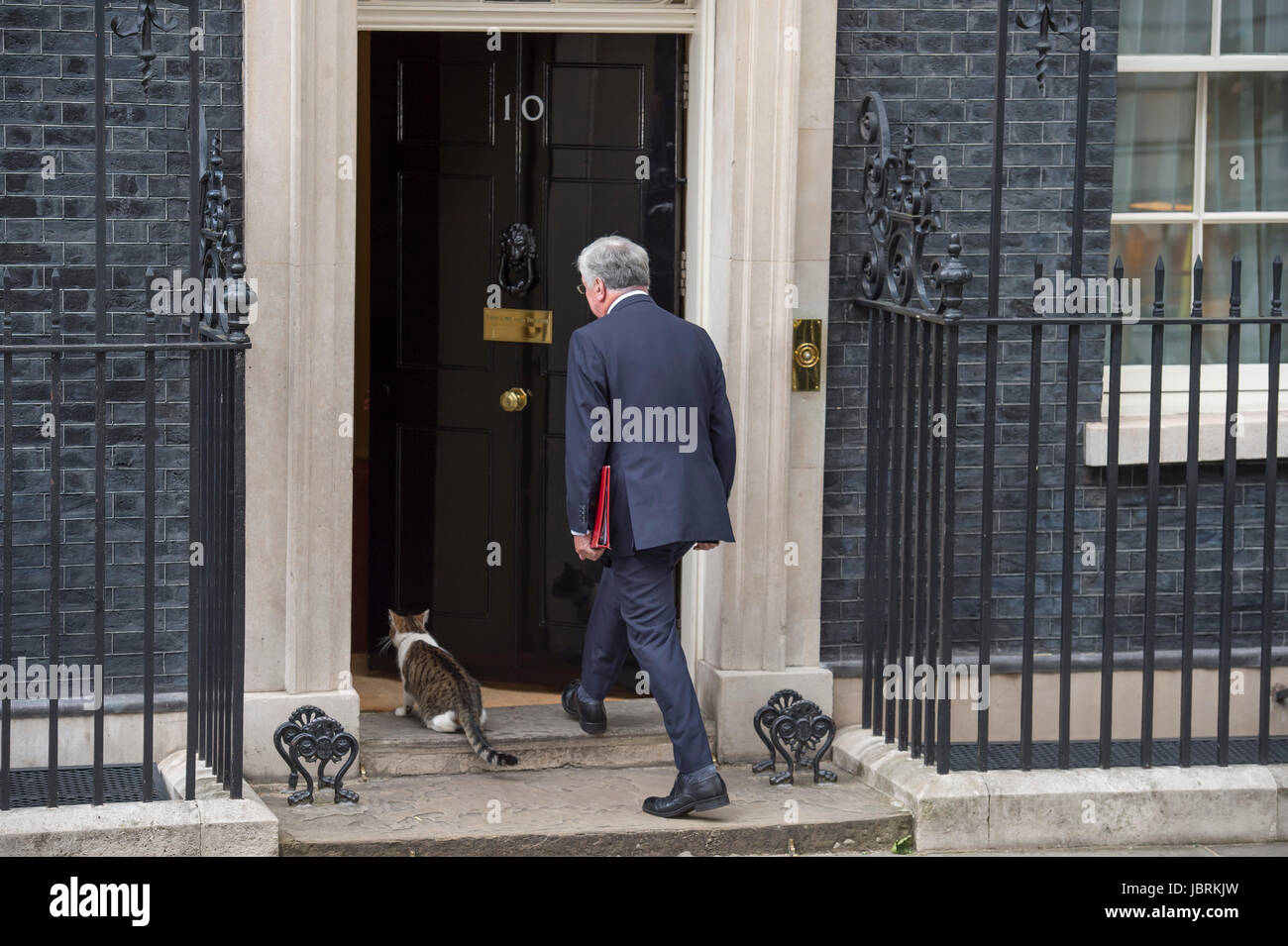 Downing Street, London, UK. 12 Juni, 2017. Sir Michael Fallon, Staatssekretär für Verteidigung, tritt in 10 Downing Street mit Larry die Katze vor der ersten Sitzung des neuen Parlaments hing konservative Regierung von PM Theresa May seit der Bundestagswahl. Im Oktober 2017 Sir Michael Fallon trat als Verteidigungsminister. Credit: Malcolm Park/Alamy Leben Nachrichten. Stockfoto