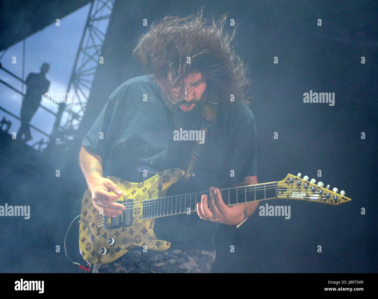 Chicago, Illinois, USA. 9. Juni 2017. Gitarrist Stephen Carpenter der Band führt Deftones bei Huntington Bank Pavillon auf der nördlichsten Insel in Chicago, Illinois. Ricky Bassman/Cal Sport Media/Alamy Live-Nachrichten Stockfoto