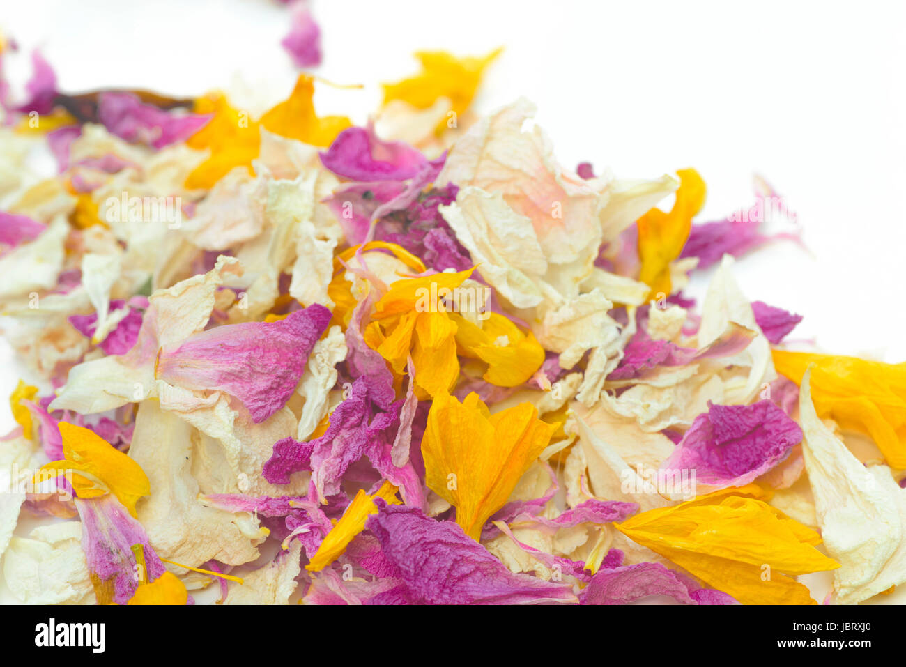 mehrfarbige getrocknete Blumen Blüten Potpourri auf weißem Hintergrund Stockfoto