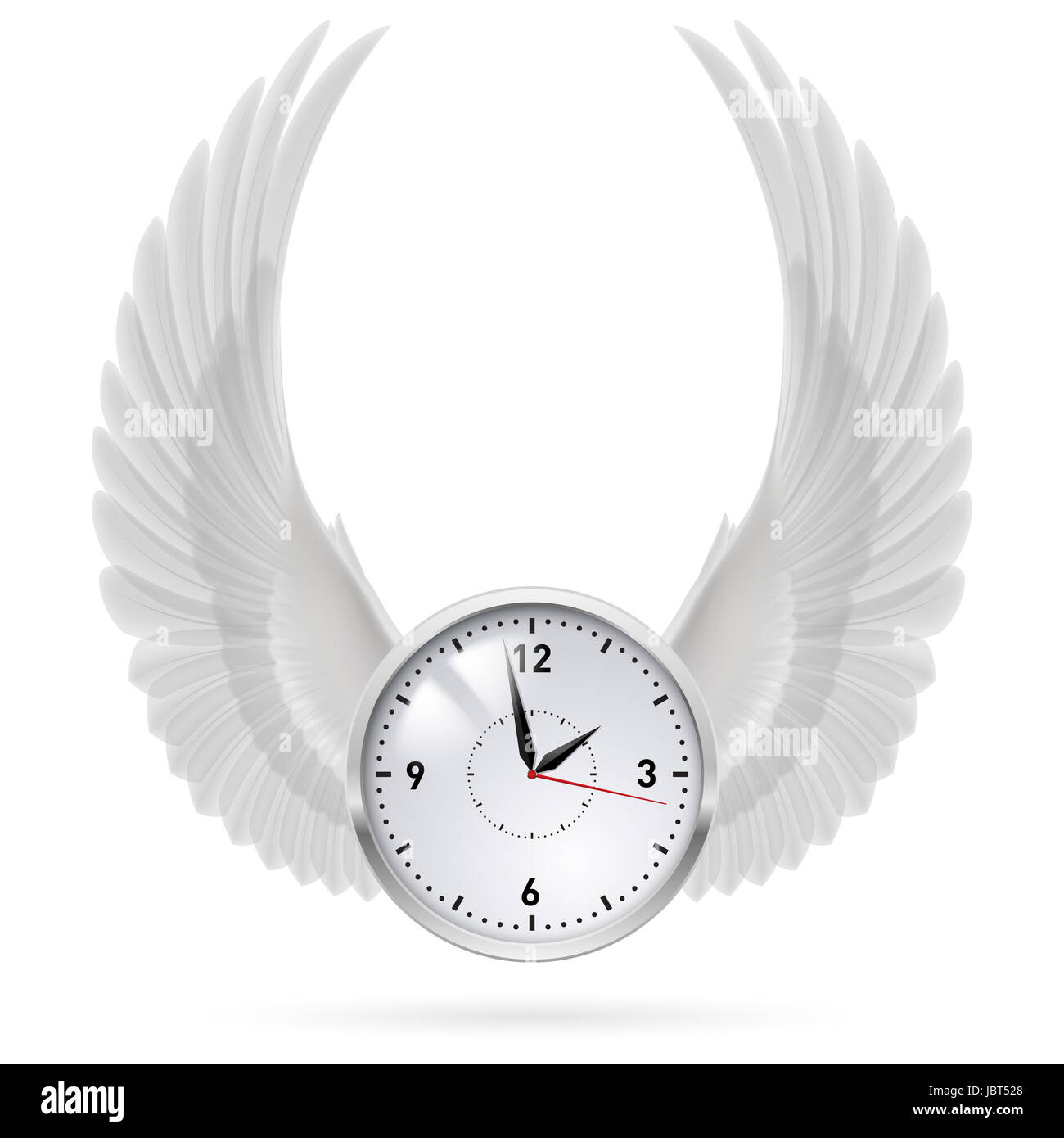 Weiße Uhr mit vertikalen weißen Flügeln. Zu schwingen. Stockfoto
