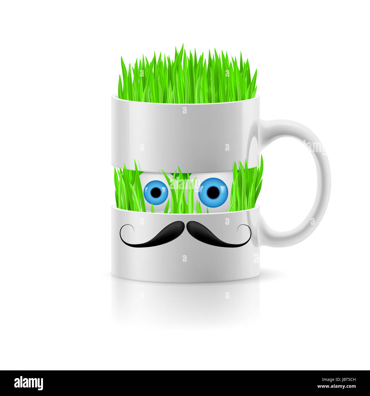 Weiße Tasse von zwei Teile mit Schnurrbart, Rasen und zwei Augen im Inneren. Stockfoto
